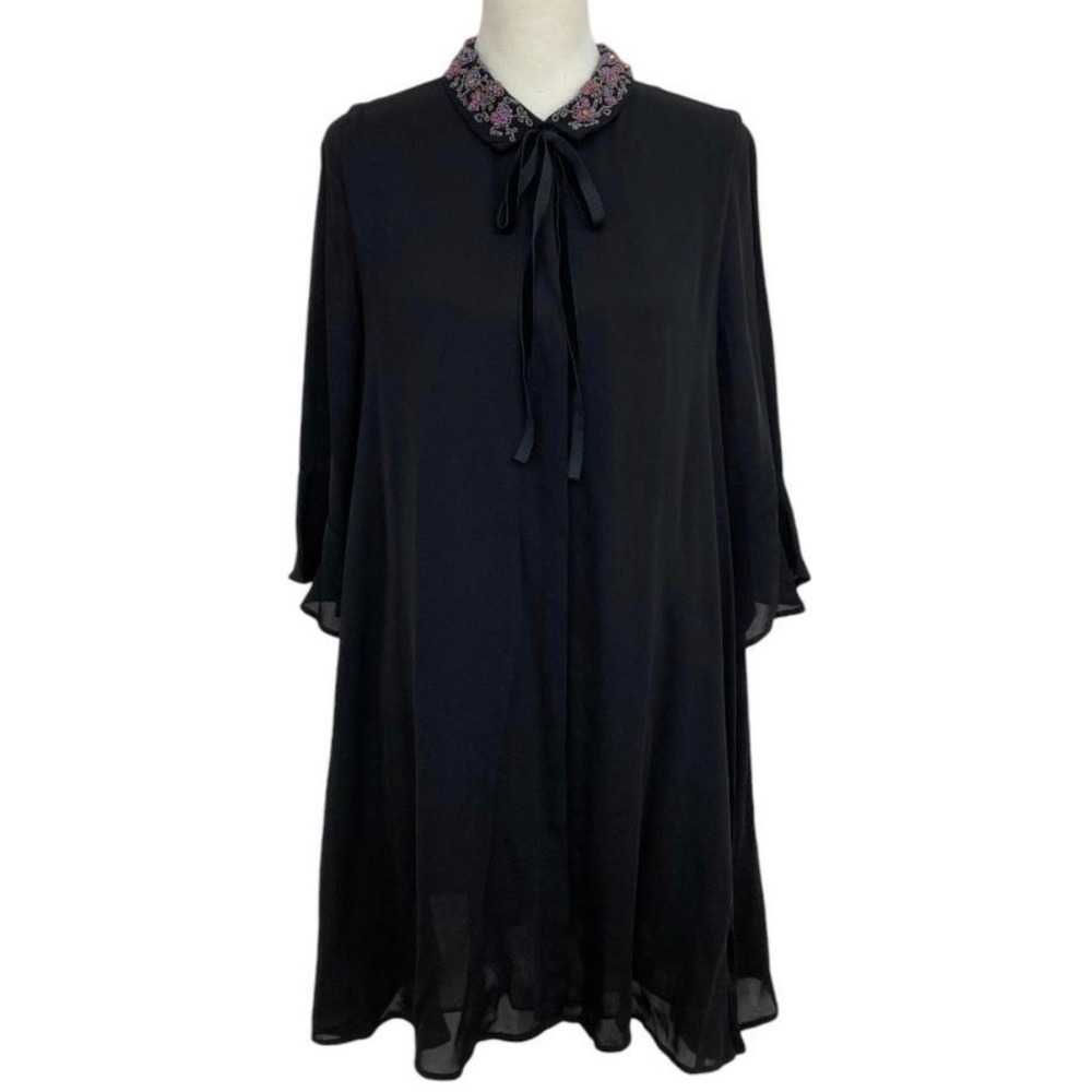 Zara Trafaluc Black Beaded Collar‎ Tie Neck Bell Sleeve Shift Mini Dress XS NEW